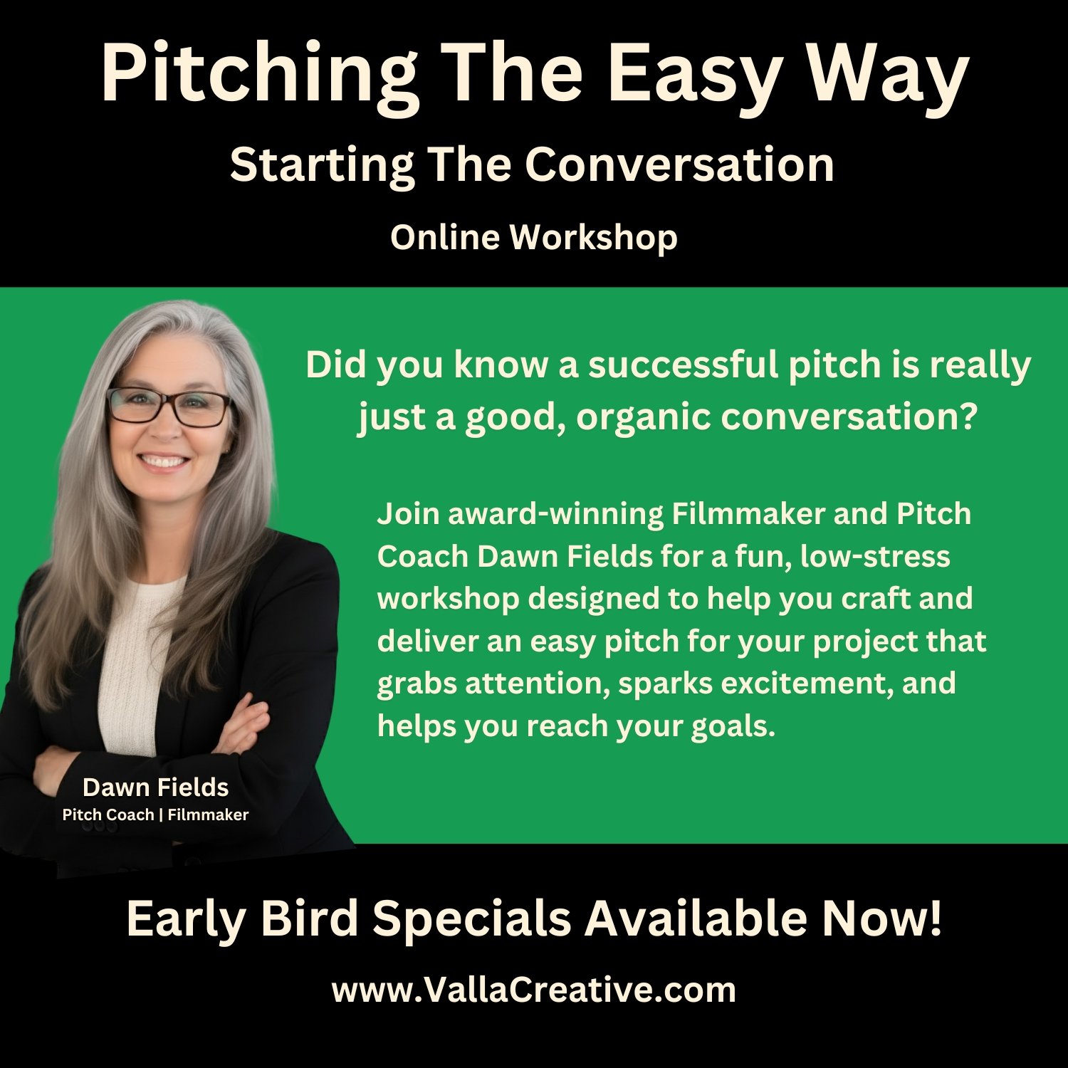 Pitch Square 01 getting to the point workshop promo image with woman pointing